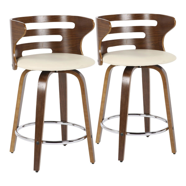Cosini Mid-Century Modern Counter Stool with Swivel in Walnut and Cream Faux Leather by LumiSource - Set of 2